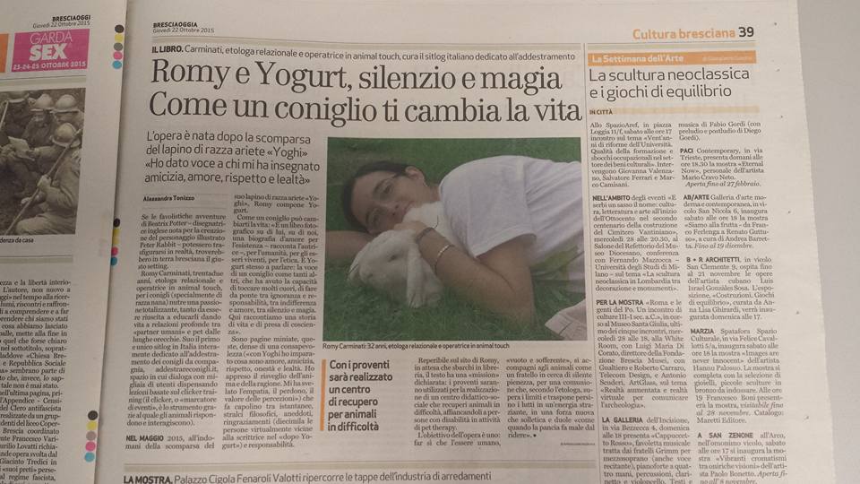 articolo su Romy Carminati e il Santuario per conigli, pubblicato sul quotidiano Bresciaoggi del 22 ottobre 2015